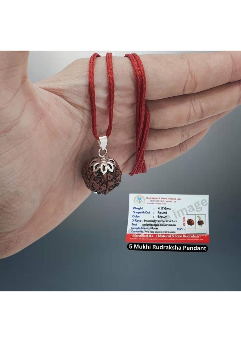 JagatguruShop Original 5 Mukhi Nepali Rudraksha Natural five Face Rudraksh Metal Capped Silver Beads Brass, Wood Pendant Set - Indya