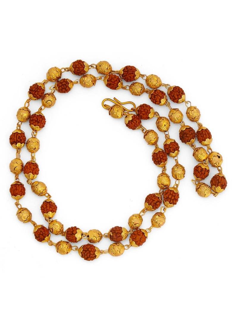 Original Rudraksha Mala Bead, Natural Rudraksha Mala Golden Cap Brass Plated Brass Chain - Indya