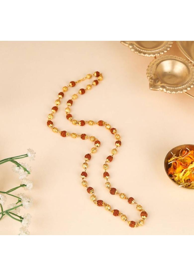 Original Rudraksha Mala Bead, Natural Rudraksha Mala Golden Cap Brass Plated Brass Chain - Indya