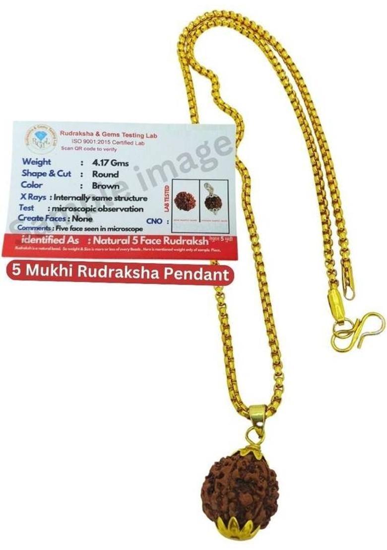Rudra gems Jewellery Rudraksha 5 Mukhi 100% Original Lab Certified Nepali - Himalaya Rudraksha Gold-plated Beads Brass, Wood Pendant Set - Indya