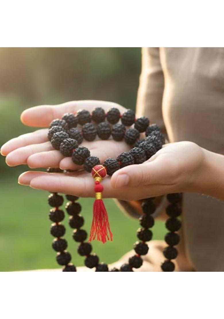 Rudraksha Panchmukhi Mala (Black, 9-10mm) 108 Beads Wood Chain - Indya