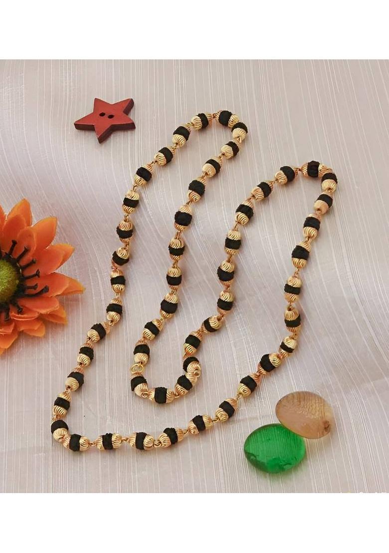 Black 7mm Original Rudraksha Mala with Micro Gold Plated Cap Gold-plated Plated Brass, Rudraksha Chain - Indya