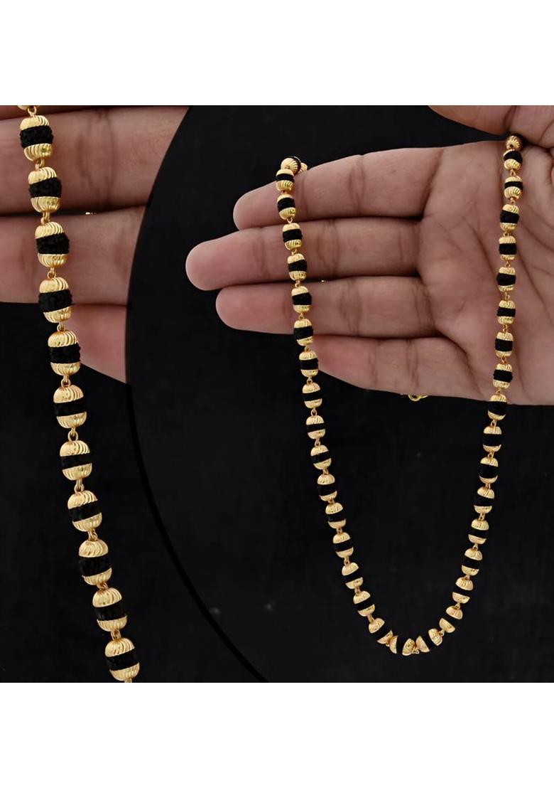 Black 7mm Original Rudraksha Mala with Micro Gold Plated Cap Gold-plated Plated Brass, Rudraksha Chain - Indya