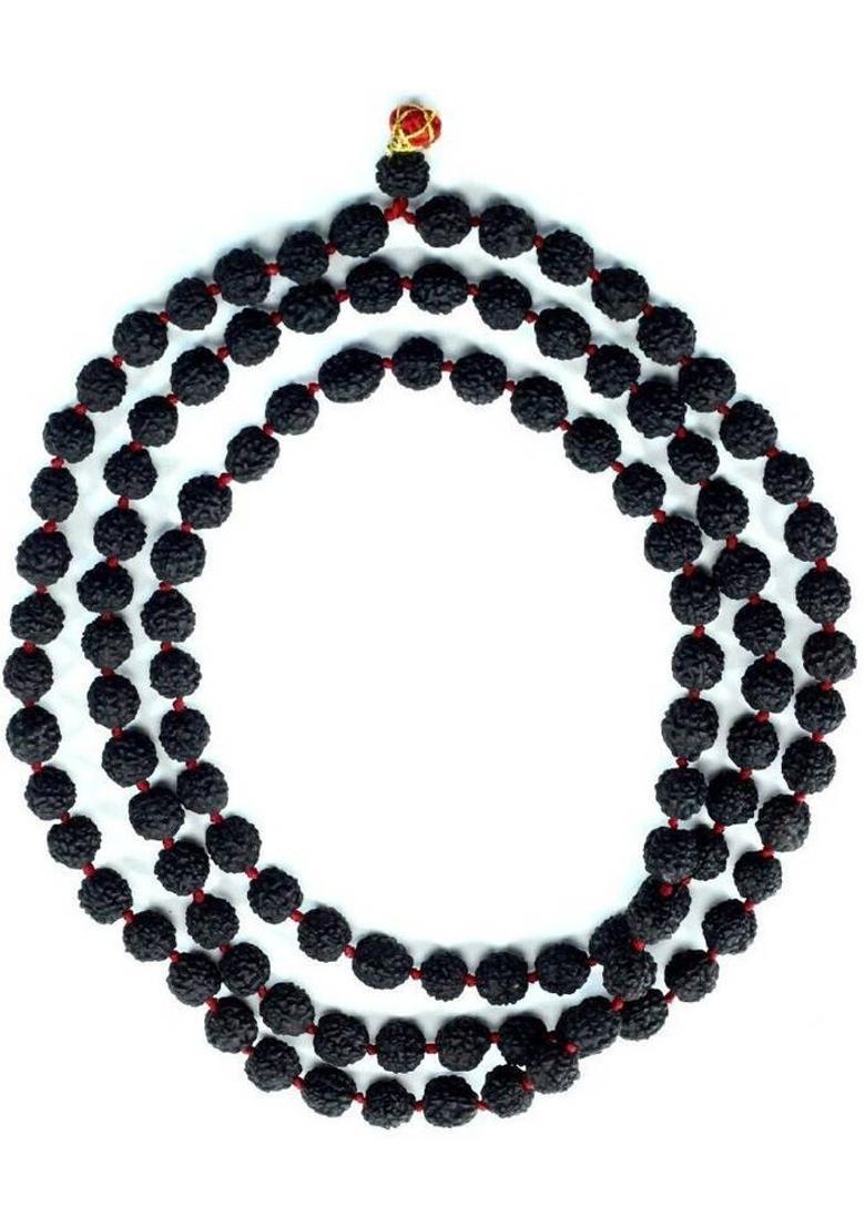 Black Rudraksha Mala Original Natural 5 Mukhi Five Face Panch Mukha 108+1 Beads Wood Chain - Indya