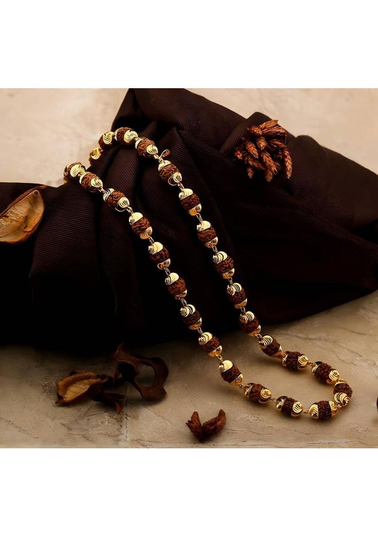 Natural Rudraksha Mala 7mm Beads With Micro Gold Plated Cap Beads Gold-plated Plated Alloy Chain - Indya