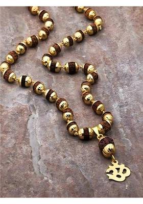 Minprice Om Rudraksha Pendant Locket with Natural Rudraksha Mala in High Gold Plated Cap Brass, Wood Pendant