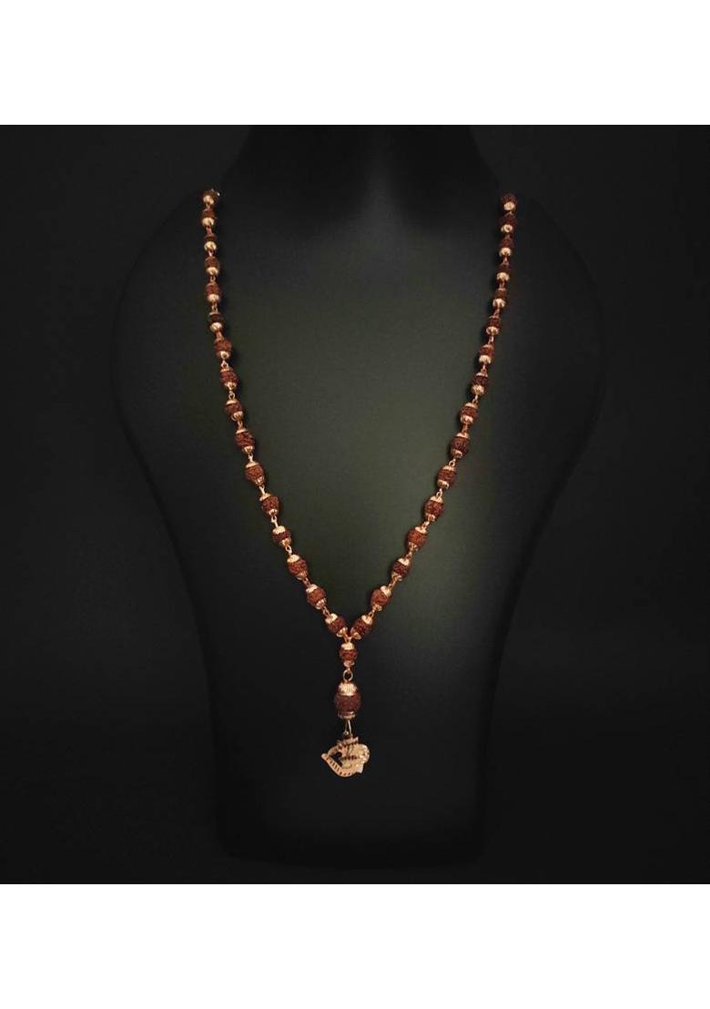 Minprice Om Rudraksha Pendant Locket with Natural Rudraksha Mala in High Gold Plated Cap Brass, Wood Pendant - Indya