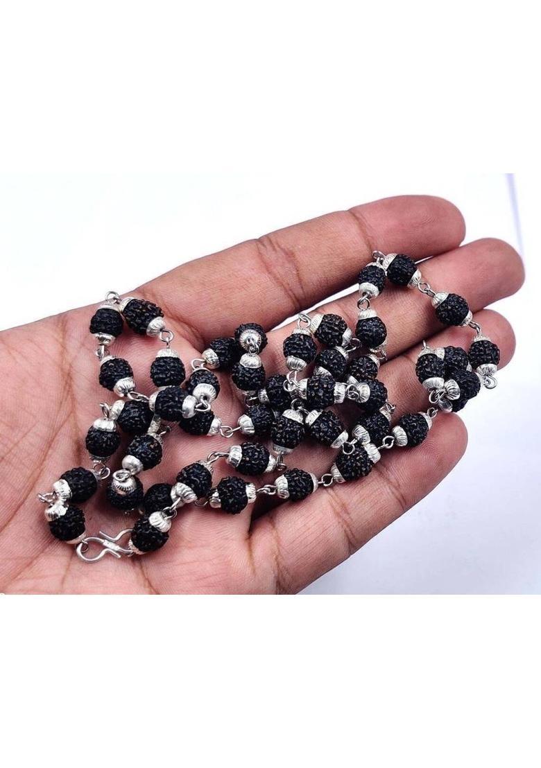 Mahakal Shivji Natural Himalaya Black Beads Simple Mala Original Silver Plated Brass, Copper Chain - Indya