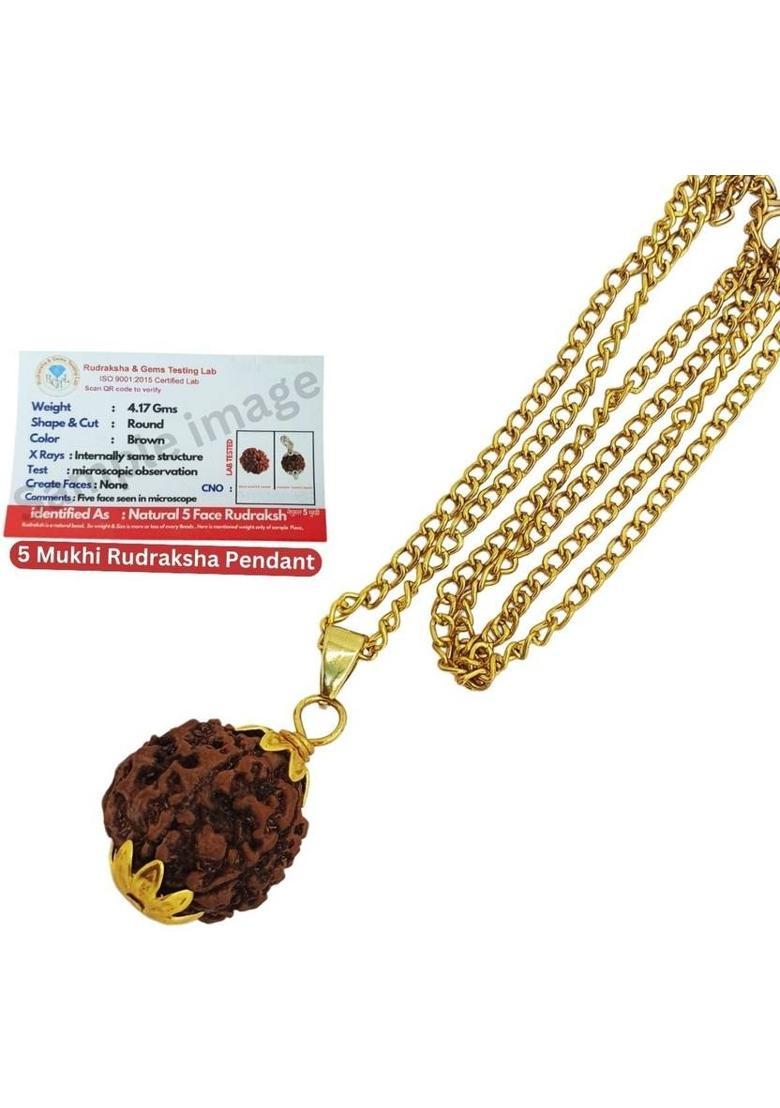 AstroVidhanart 100 % Original & Natural five Face / 5 Mukhi Rudraksha With JGL Lab Certified Gold-plated Beads Brass, Wood Locket Set - Indya