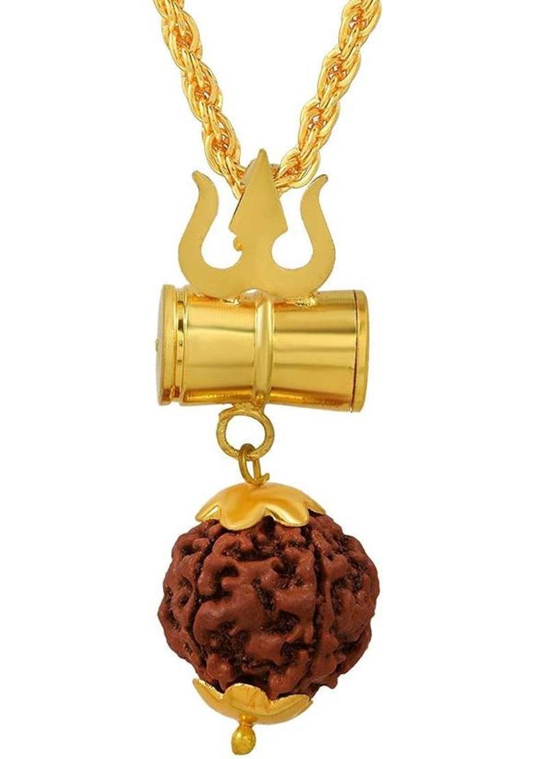 Rudram Gold Plated Brown Rudraksha Loard Shiv Trishul Damru Locket with Chain Religious Pendant Necklace Spiritual Jewellery for Men/Women Silver Wood Locket - Indya