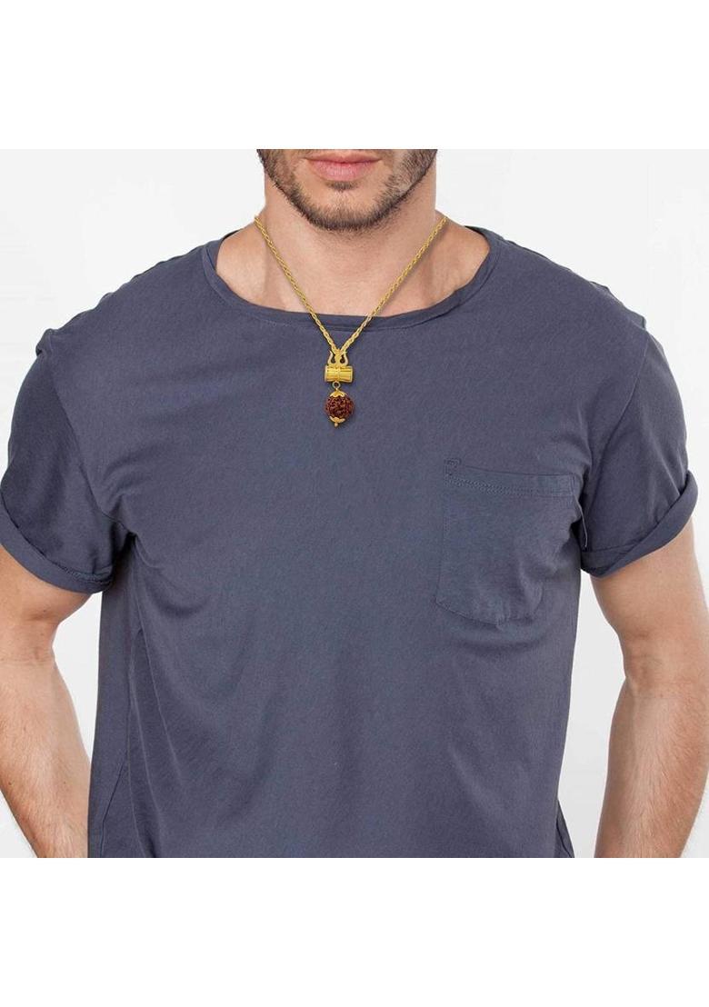 Rudram Gold Plated Brown Rudraksha Loard Shiv Trishul Damru Locket with Chain Religious Pendant Necklace Spiritual Jewellery for Men/Women Silver Wood Locket - Indya
