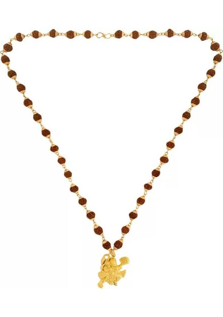ANVIKA Original 5 Mukhi Rudraksha Golden CapMala With Hanuman Ji Locket Gold-plated Brass Pendant Set - Indya