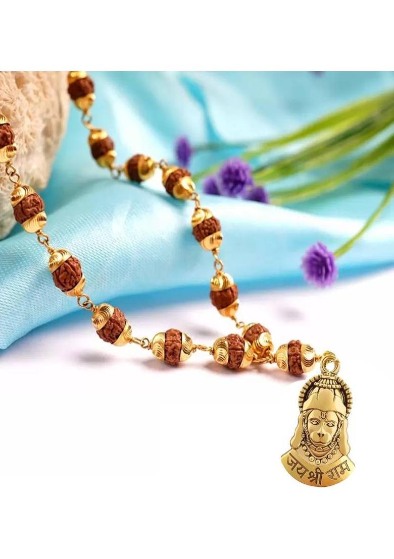 ANVIKA Original 5 Mukhi Rudraksha Golden CapMala With Hanuman Ji Locket Gold-plated Brass Pendant Set - Indya