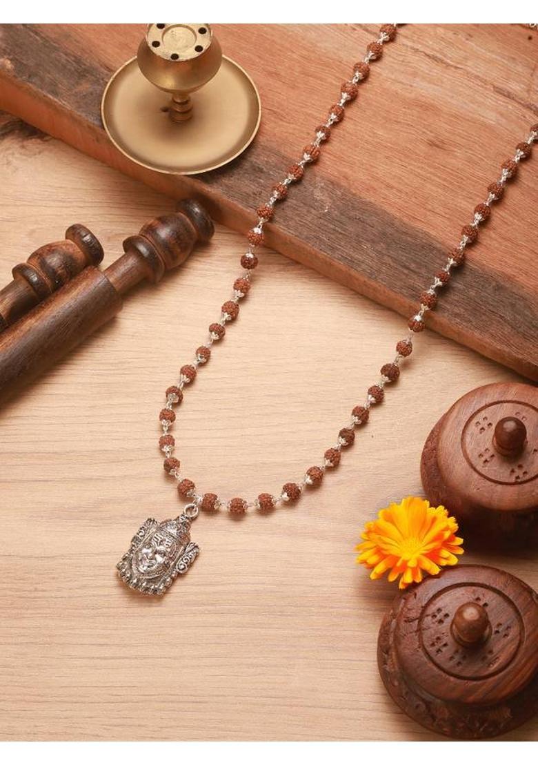 Silver Plated Mahakal Rudraksha Mala Silver Plated Wood Chain - Indya
