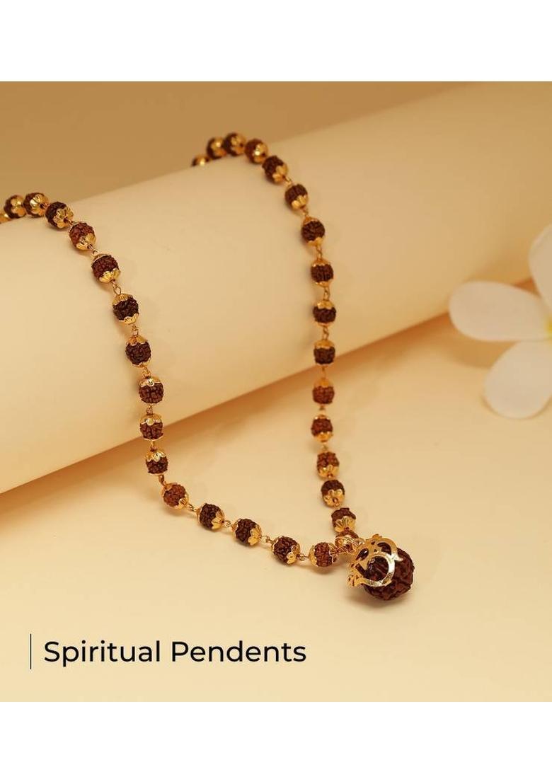 Lab Tested 5 Mukhi Natural Brown Maa Rudraksha Pendant Necklace 10Mm Gold-plated Plated Brass Necklace - Indya