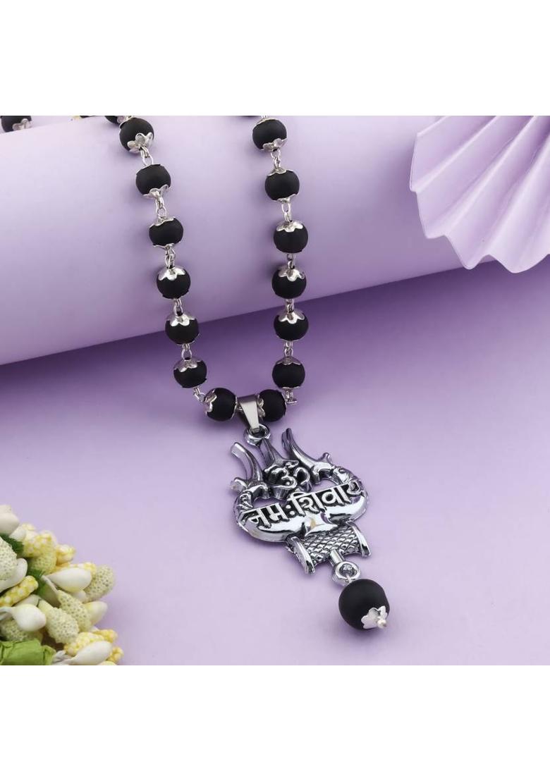 OM Nah Shivay Trishul Karungali Mala Silver Plated Brass Chain Set - Indya