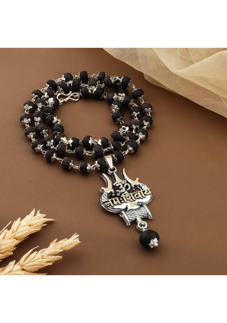 OM Nah Shivay Trishul Karungali Mala Silver Plated Brass Chain Set - Indya