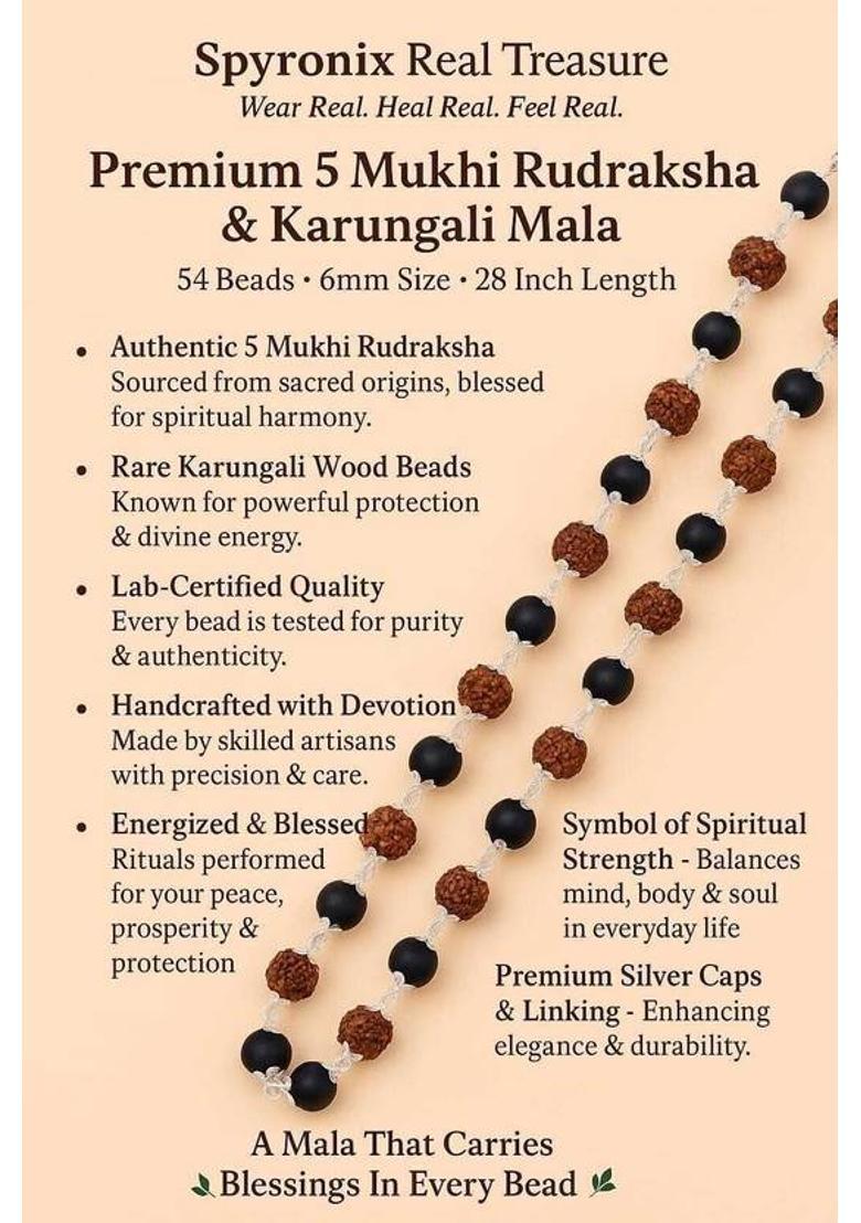 Rudraksha & Karungali Mala with Silver Caps – 6mm, Energized & Lab Certified Silver Plated Wood Necklace - Indya