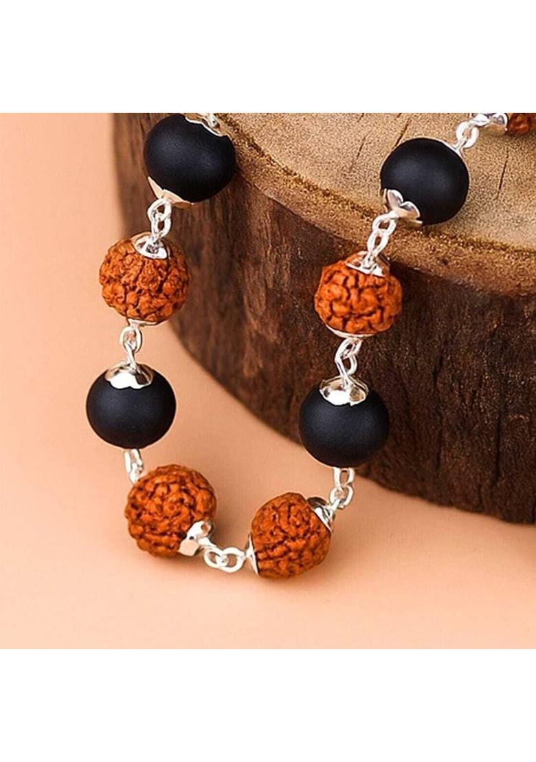Rudraksha & Karungali Mala with Silver Caps – 6mm, Energized & Lab Certified Silver Plated Wood Necklace - Indya