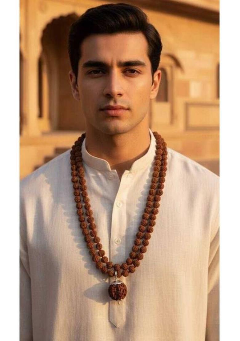 5 Mukhi Brown Rudraksha Mala(108+1) With 6 Mukhi nepali rudraksha Pendent Silver Plated Wood Necklace - Indya