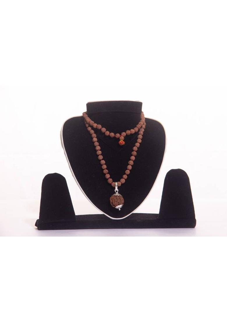5 Mukhi Brown Rudraksha Mala(108+1) With 6 Mukhi nepali rudraksha Pendent Silver Plated Wood Necklace - Indya
