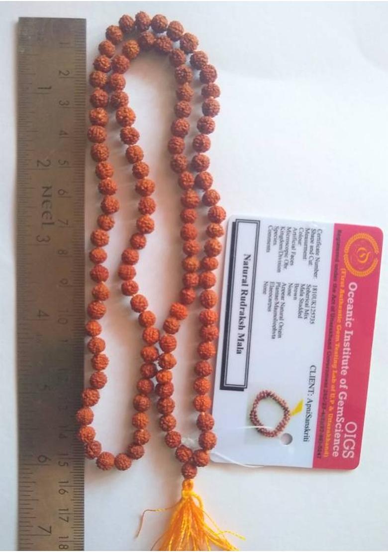 Lab Certified 5 Mukhi Rudraksha Mala for Men/Women Wearing (5mm, Rare Small Bead Size, Neck Length, 108+1 Beads) - 100% Natural Brown Rudraksha Beads Wood Chain - Indya