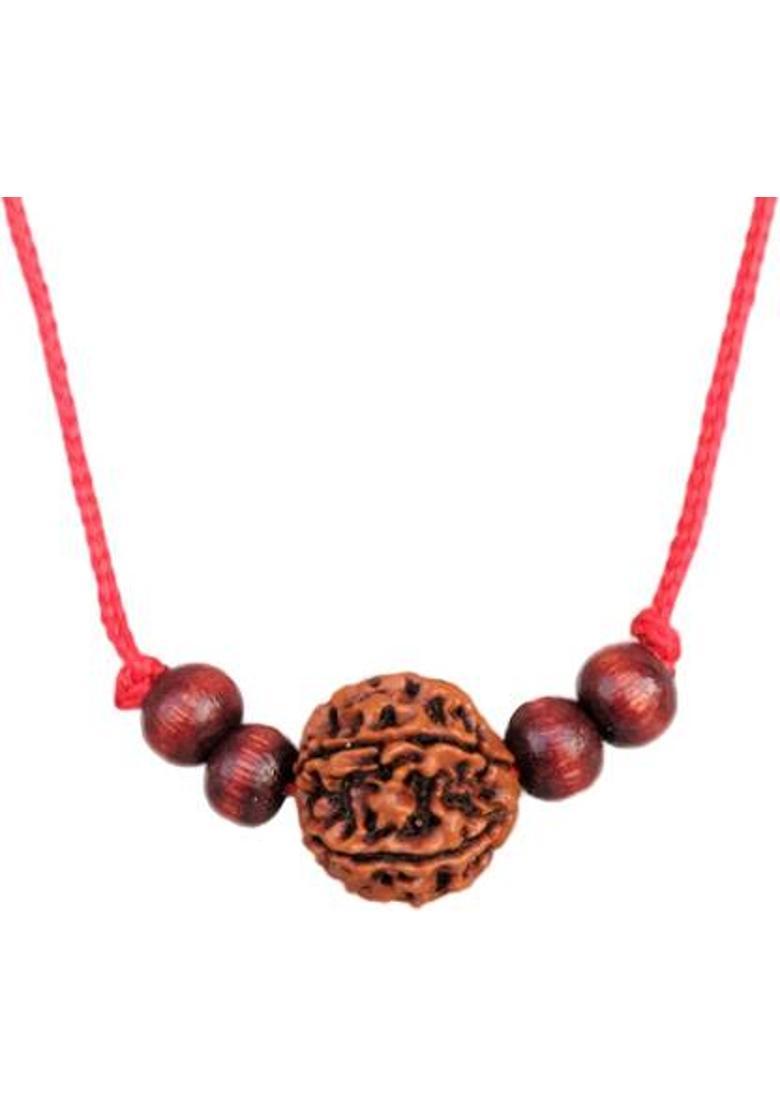 jupiter speaks 6 Mukhi Rudraksha Pendant With Red Chandan Bead / Six Faced Rudraksha With Red Sanadalwood Beads, 100% Original Size 16 - 20 mm Color Dark Brown With Red Silk Thread for Men and Women Wood Pendant - Indya