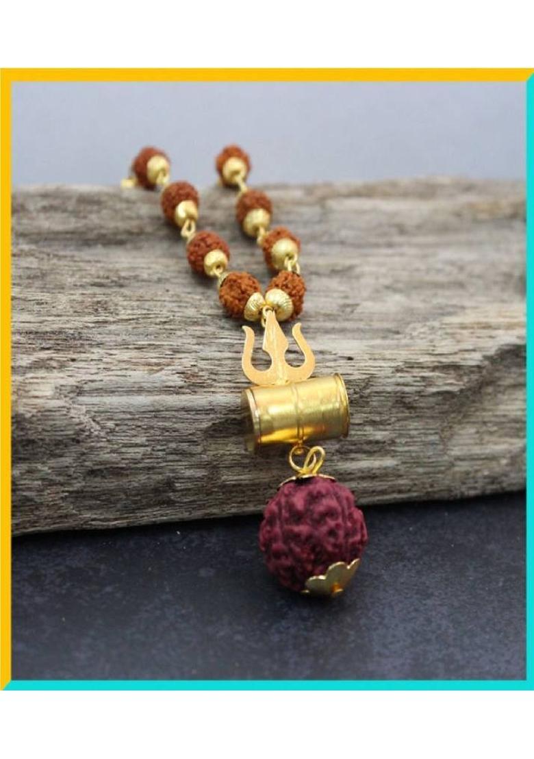 Religious Jewelry Damru Locket With Puchmukhi Rudraksha Mala Chain For Men Gold-plated Plated Brass Chain - Indya