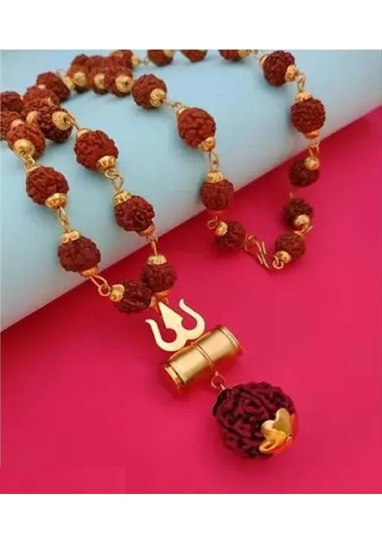 Religious Jewelry Damru Locket With Puchmukhi Rudraksha Mala Chain For Men Gold-plated Plated Brass Chain - Indya
