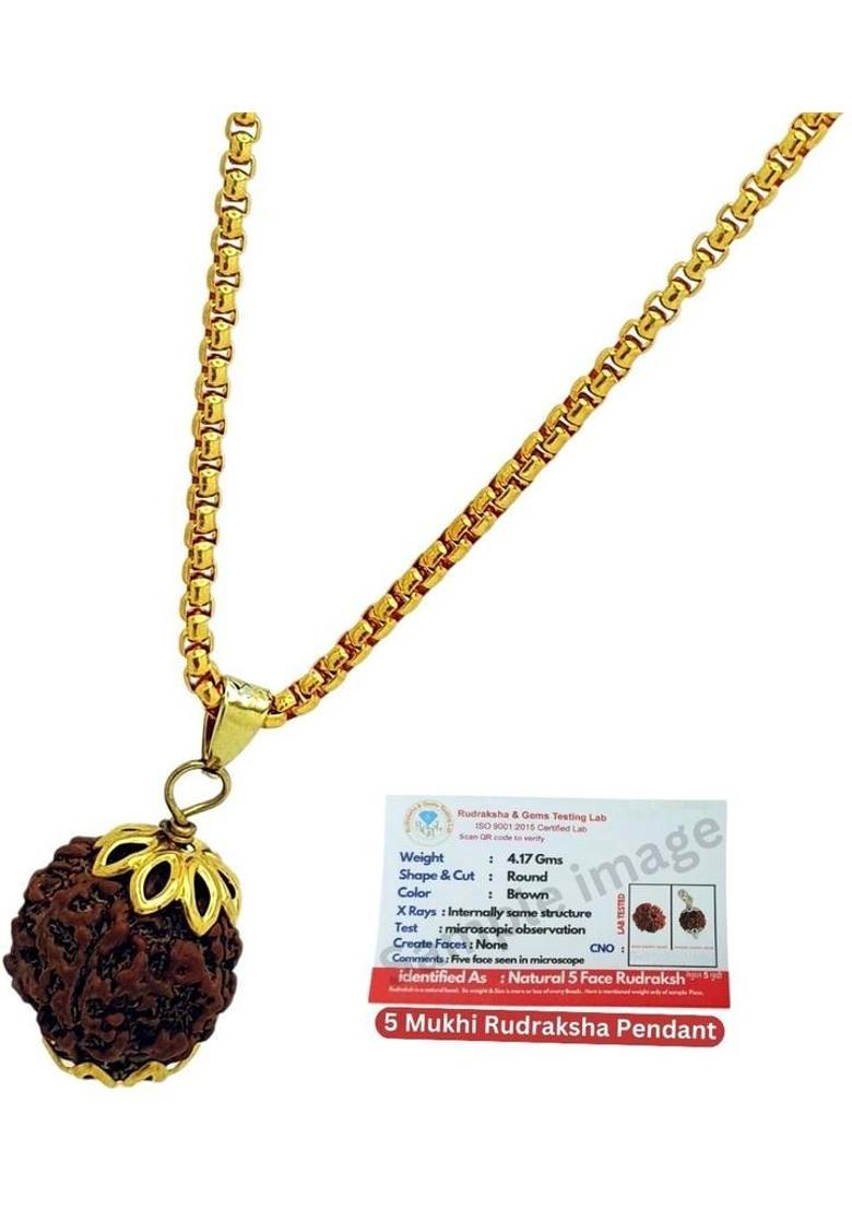 JangraBro 100% Original five Face Rudraksha (5 Mukhi Rudraksh) Natural Gold-plated Beads Brass, Wood Pendant - Indya