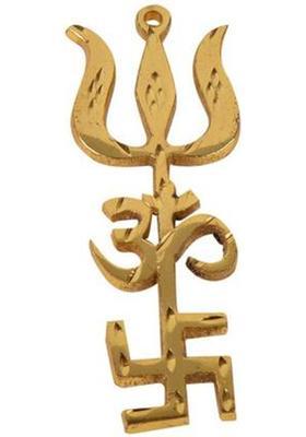 Shree Poojan Trishakti Yantra Swastik Om Trishul Big Metal Wall Hanging Brass Yantra&nbsp;&nbsp;(Pack of 1)