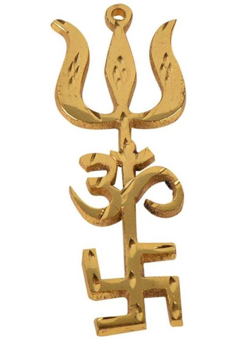 Shree Poojan Trishakti Yantra Swastik Om Trishul Big Metal Wall Hanging Brass Yantra&nbsp;&nbsp;(Pack of 1) - Indya