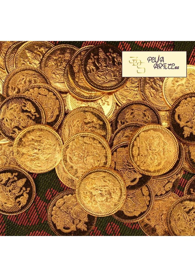 JDS PUJA ARTICLES JDS Puja Articles Brass Lakhsmi Kubera 108 Gold Plated Pooja Coins - Small Brass Yantra&nbsp;&nbsp;(Pack of 108) - Indya