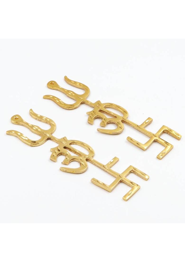 Parashara Arkam Swastik Om Trishul Trishakti Yantra / Brass Trishakti / Tri Shakti - Set of 2 Brass Yantra&nbsp;&nbsp;(Pack of 2) - Indya