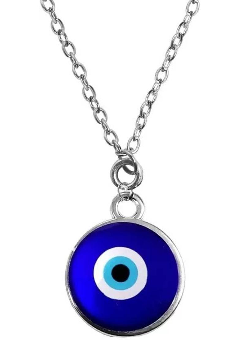 CKB JEWELS Silver Round Blue Evil Eye Nazar Suraksha Kavach Necklace Pendant Locket Chain Sterling Silver Crystal Alloy, Crystal Locket Set - Indya