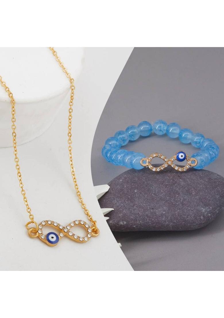 Stone, Crystal, Alloy Gold-plated Gold, Blue, Beige Jewel Set&nbsp;&nbsp;(Pack of 1) - Indya