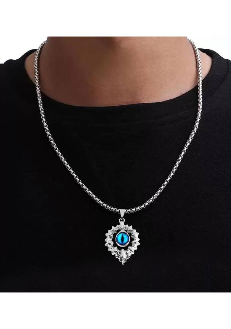 pasu fashion Set Of 2 Silver Drop Shape Demon Blue Evil Eye Pendant Locket Necklace Box Chain Stainless Steel Pendant - Indya