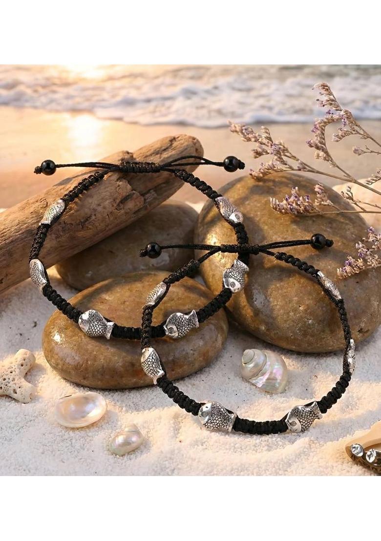 Silver Fish Black Thread Anklet Pack of 2 For Girls| Women Copper Anklet Alloy Anklet&nbsp;&nbsp;(Pack of 2) - Indya