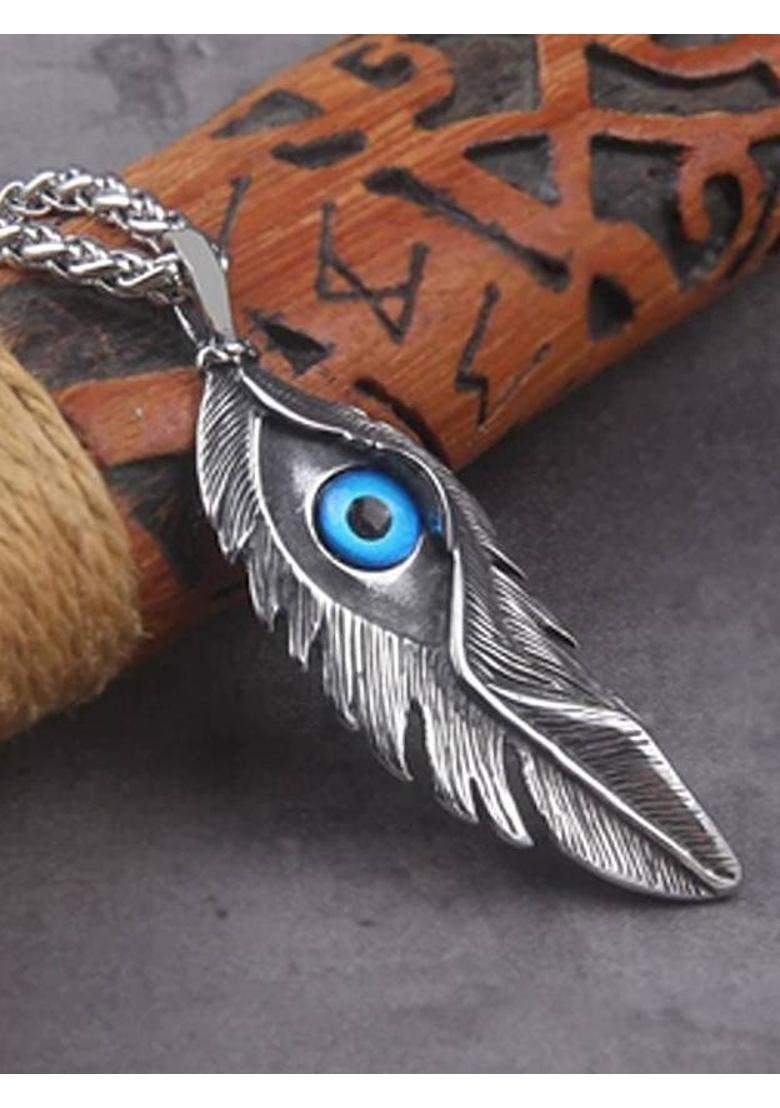 ruby collection Peacock Feather Evil Eye Pendant Chain for Men and Boys Silver Alloy Pendant Set - Indya