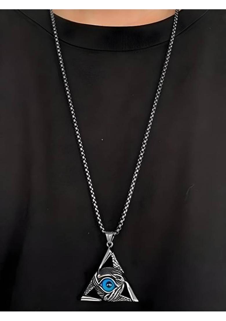 KURMASHOP Men Silver Plated Evil Eye Pendant Necklace Silver Cubic Zirconia Stainless Steel Pendant Set - Indya