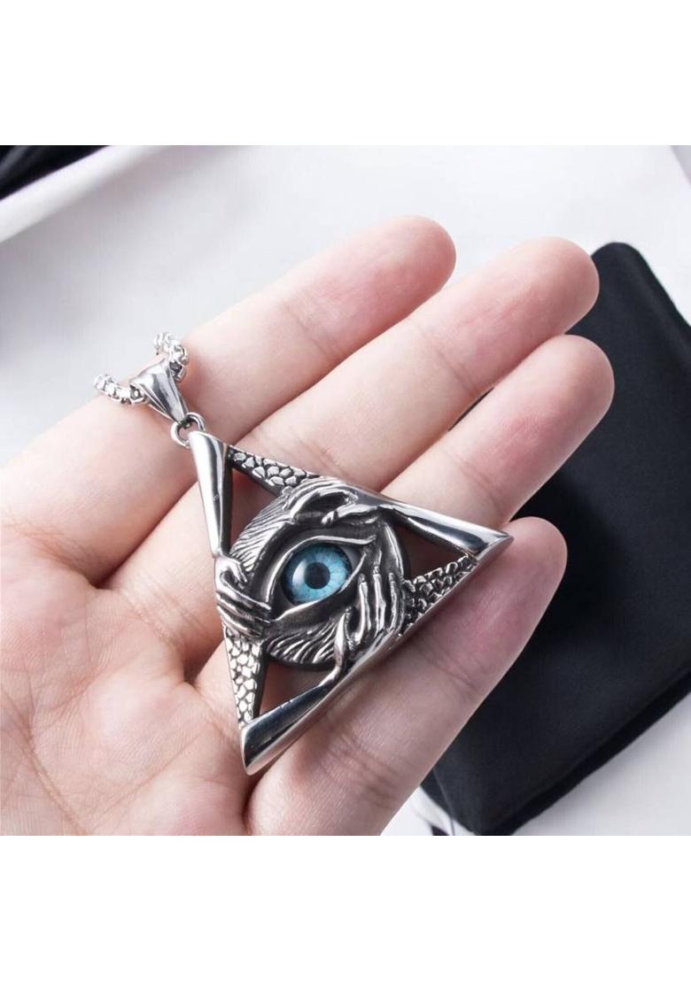 KURMASHOP Men Silver Plated Evil Eye Pendant Necklace Silver Cubic Zirconia Stainless Steel Pendant Set - Indya