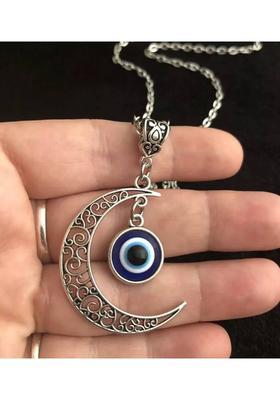 NZ 14 Large Moon pendant with Turkish eye 24 inch chain silver Hand Silver Plated Alloy Chain