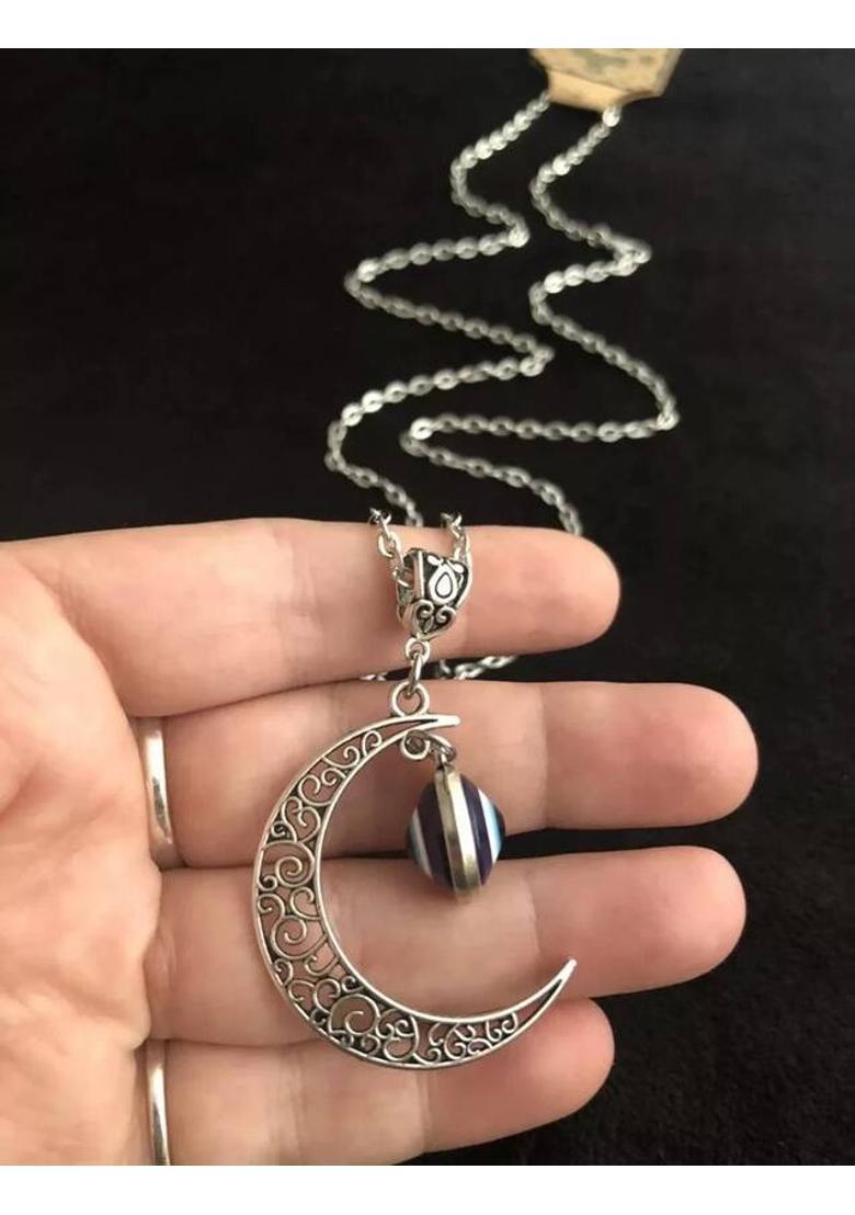 NZ 14 Large Moon pendant with Turkish eye 24 inch chain silver Hand Silver Plated Alloy Chain - Indya