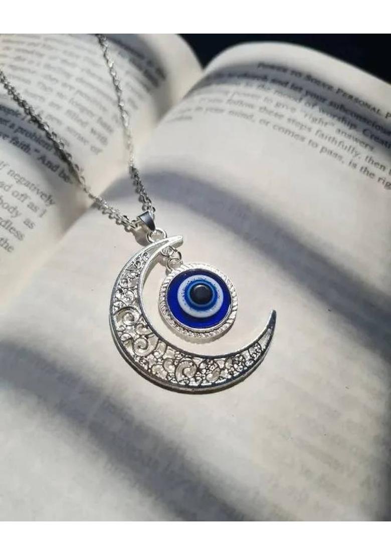 NZ 14 Large Moon pendant with Turkish eye 24 inch chain silver Hand Silver Plated Alloy Chain - Indya