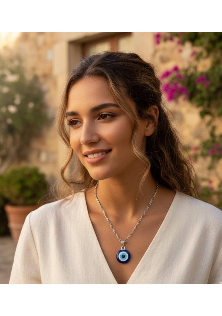 UMA Blue evil eye Nazar protection chain Sterling Silver Stainless Steel Pendant - Indya
