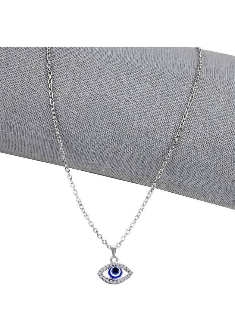Ruhi Diamond Round Blue Evil Eye Locket Pendant Necklace Stone Nazar Suraksha Kavach Silver Stainless Steel Pendant Set - Indya