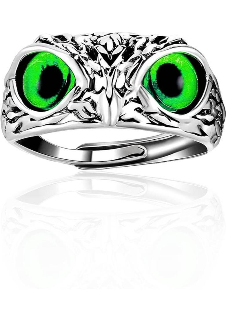 Evil Eye Owl Ring for Men, Women and Girls with Adjustable Fit (Green) | Stainless Steel Ring - Indya