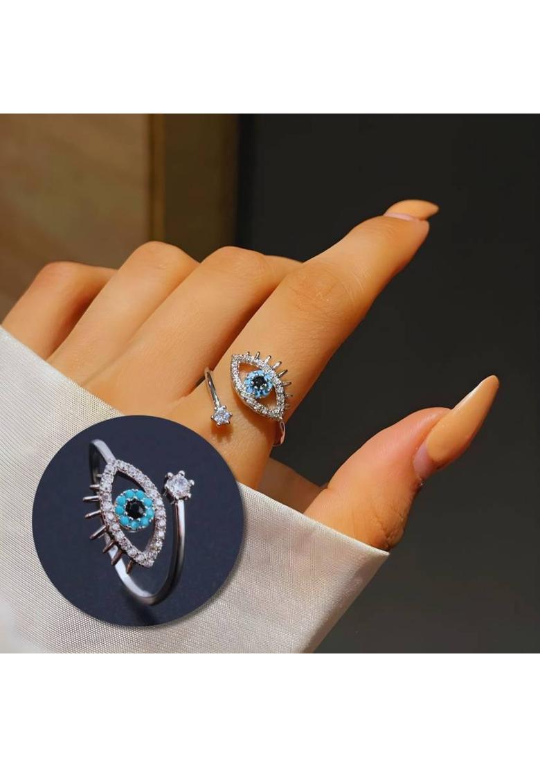 Stainless Steel Silver-Plated Evil Eye Finger Ring Stainless Steel Cubic Zirconia Sterling Silver Plated Ring - Indya