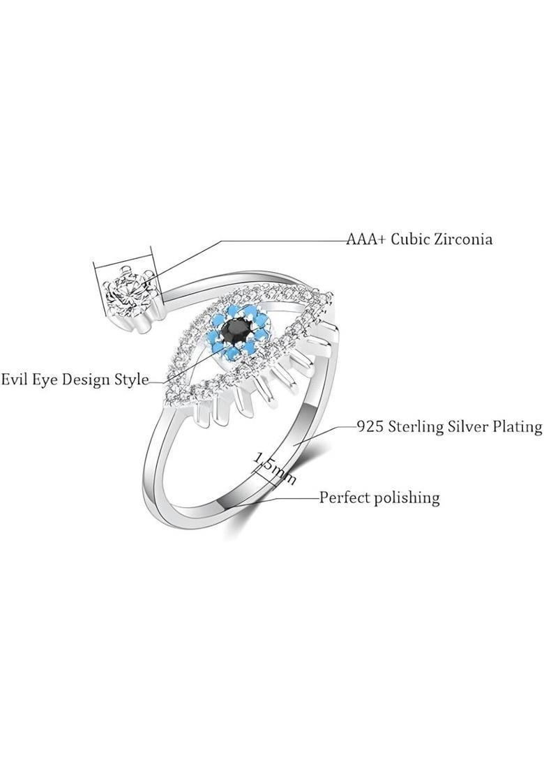 Stainless Steel Silver-Plated Evil Eye Finger Ring Stainless Steel Cubic Zirconia Sterling Silver Plated Ring - Indya