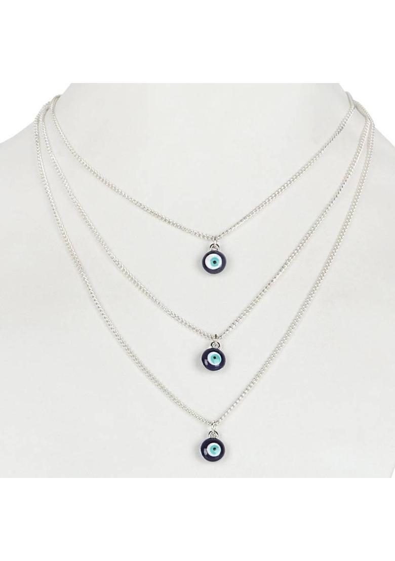 Layered Evil Eye Necklace for Women – Silver Chains with Blue Charm Pendants Metal Necklace - Indya